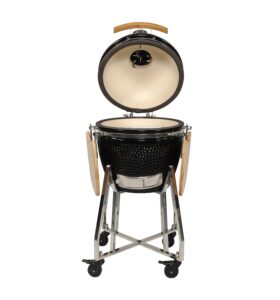 black kamado grill with stainless steel cart