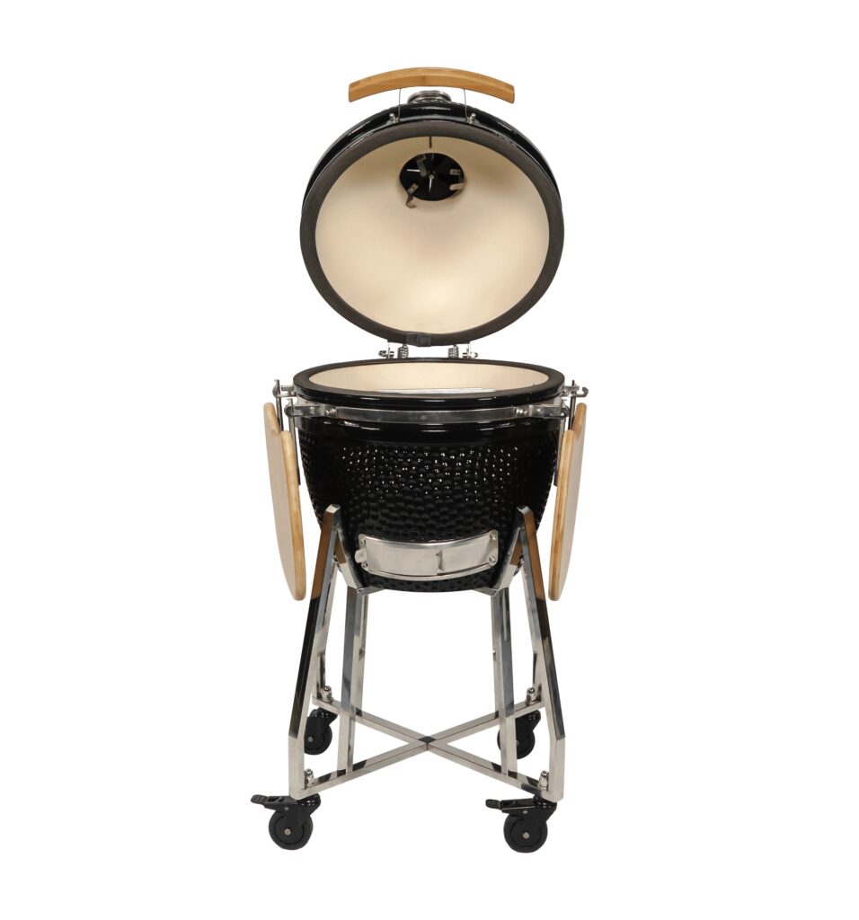 black kamado grill with stainless steel cart