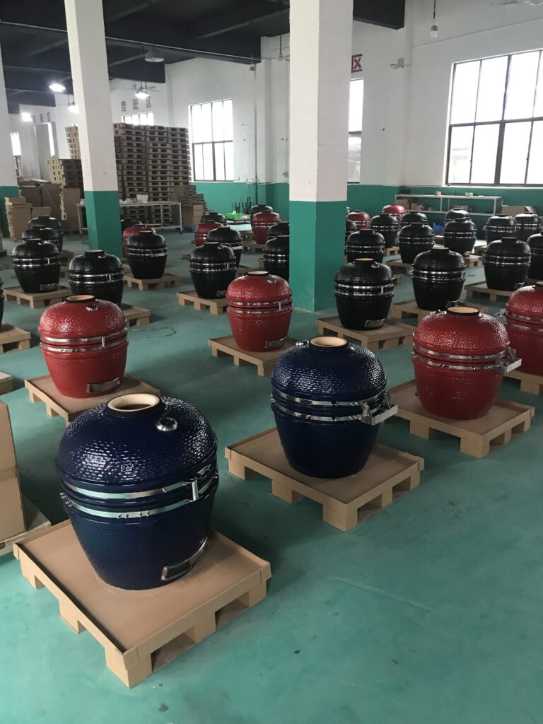 Rows of ceramic Kamado grills ready for wholesale distribution